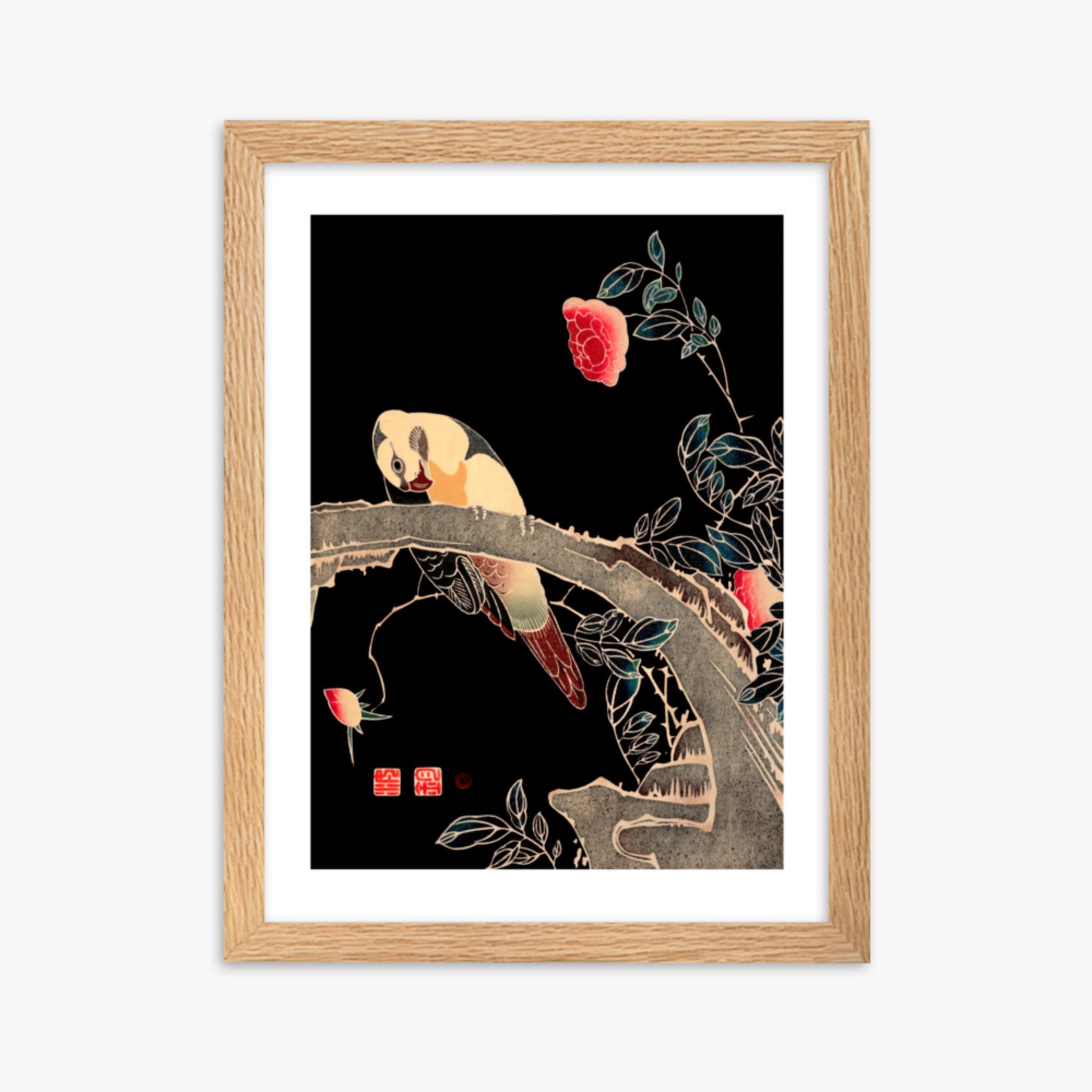 Ito Jakuchu - Parrot on the Branch of a Flowering Rose Bush 30x40 cm Poster With Oak Frame