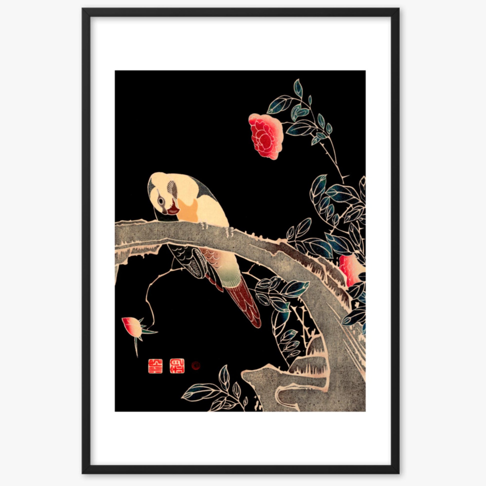 Ito Jakuchu - Parrot on the Branch of a Flowering Rose Bush 61x91 cm Poster With Black Frame