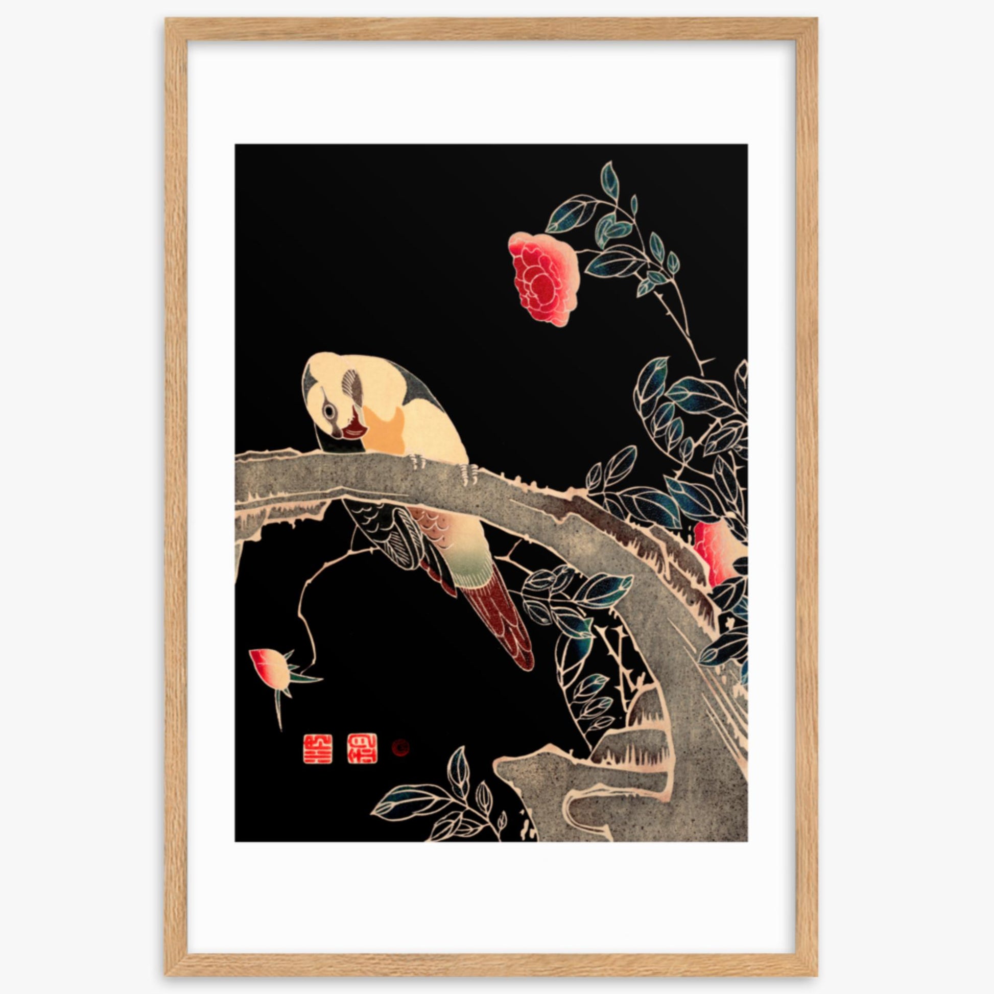 Ito Jakuchu - Parrot on the Branch of a Flowering Rose Bush 61x91 cm Poster With Oak Frame