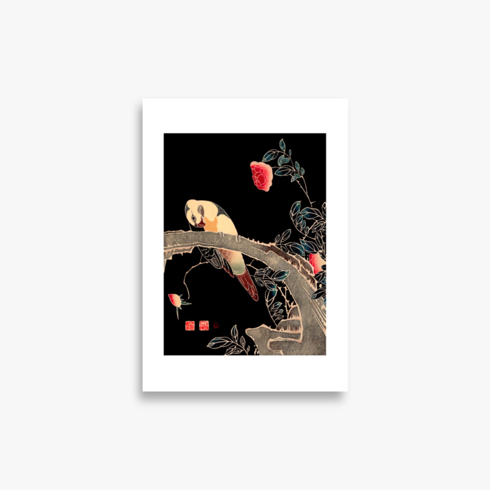 Ito Jakuchu - Parrot on the Branch of a Flowering Rose Bush 21x30 cm Poster