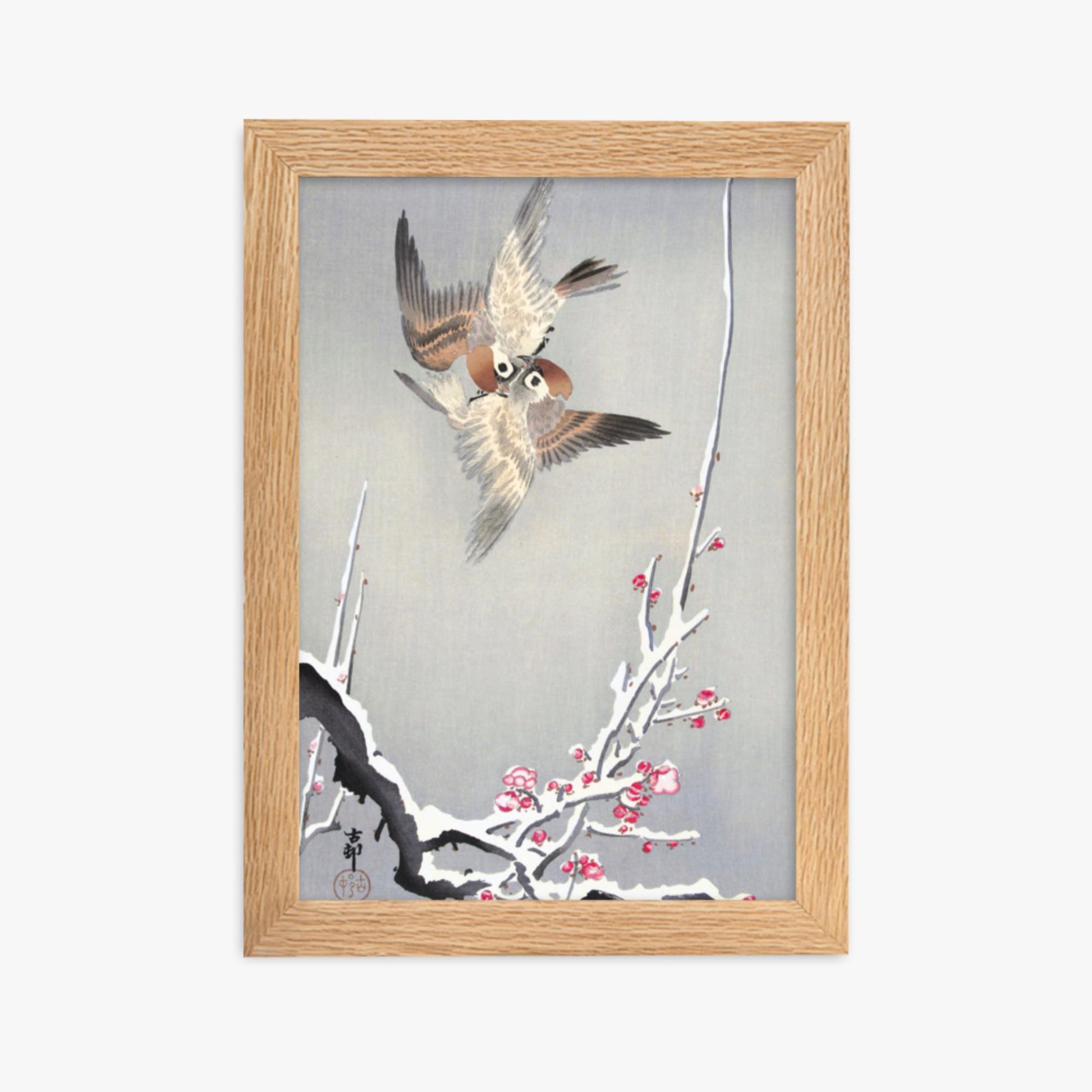 Ohara Koson - Sparrows and Snowy Plum Tree 21x30 cm Poster With Oak Frame